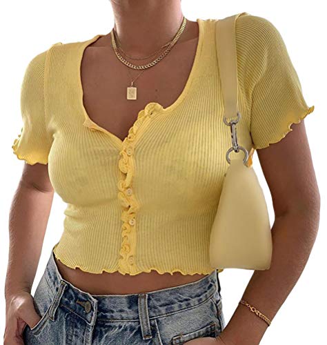 Minetom Damen Mädchen Oberteile T-Shirt Kurzarm Crop Top Kurz Shirts Sommer Sexy Schick Knopf Einfarbig Slim Bluse Streetwear D Gelb 36 von Minetom