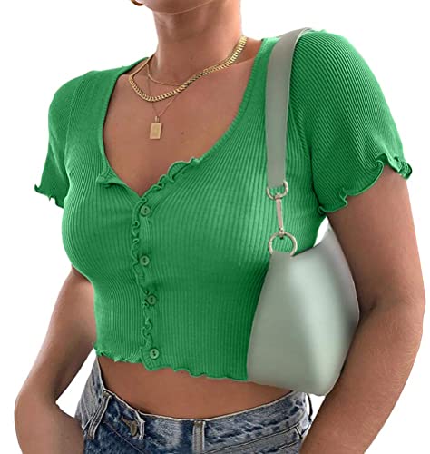 Minetom Damen Mädchen Oberteile T-Shirt Kurzarm Crop Top Kurz Shirts Sommer Sexy Schick Knopf Einfarbig Slim Bluse Streetwear D Grün 34 von Minetom