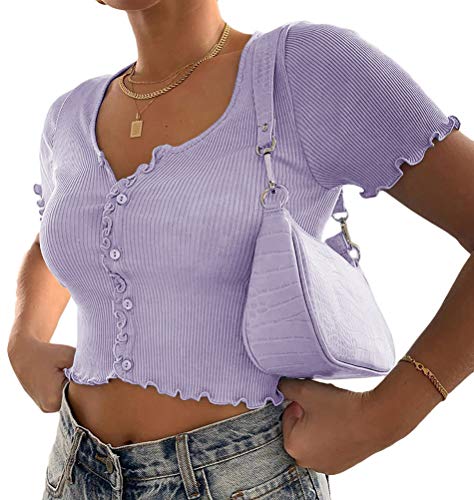 Minetom Damen Mädchen Oberteile T-Shirt Kurzarm Crop Top Kurz Shirts Sommer Sexy Schick Knopf Einfarbig Slim Bluse Streetwear D Violett 36 von Minetom