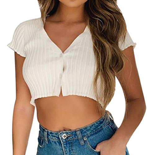 Minetom Damen Mädchen Oberteile T-Shirt Kurzarm Crop Top Kurz Shirts Sommer Sexy Schick Knopf Einfarbig Slim Bluse Streetwear E Weiß 42 von Minetom