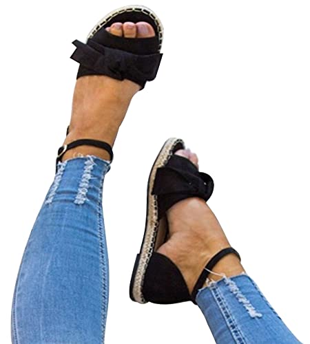 Minetom Damen Mädchen Sandalen Sommer Peep Toe Rutschfest Flache Badesandale Hausschuhe Elegante Übergröße Offene Bowknot Bogen Schnalle Sandals A Schwarz 37 EU von Minetom