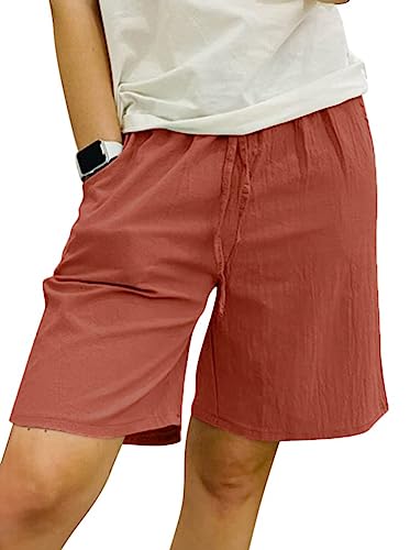 Minetom Damen Mädchen Shorts Baumwolle Leinen Sommer Casual Kurze Hosen Tunnelzug Elastische Stoffhose Freizeithose Hotpants Strand Shorts mit Taschen A Rot L von Minetom