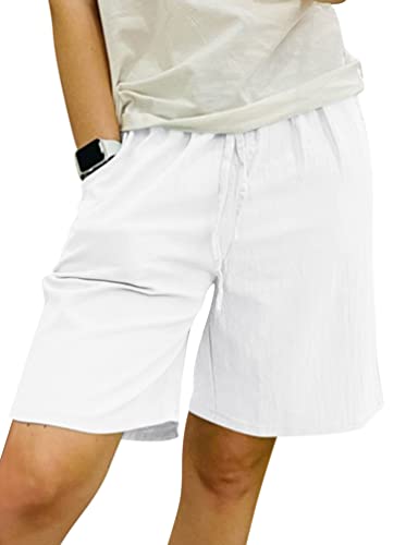 Minetom Damen Mädchen Shorts Baumwolle Leinen Sommer Casual Kurze Hosen Tunnelzug Elastische Stoffhose Freizeithose Hotpants Strand Shorts mit Taschen A Weiß L von Minetom