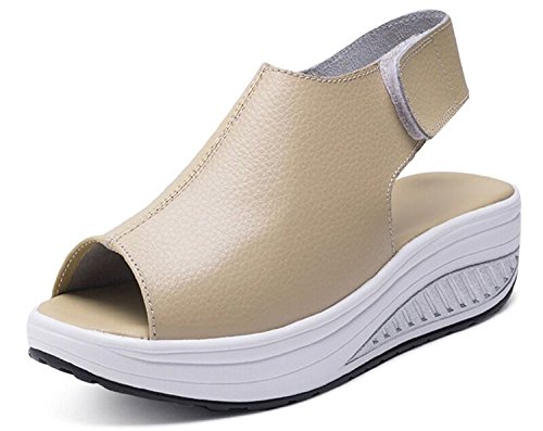 Minetom Damen Mädchen Sommer Peep Toe PU Leder Keilabsatz Große Größe Sandalen wasserdichte Plattform Klettverschluss Fischmund Schuhe Beige EU 35 von Minetom