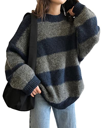 Minetom Damen Mädchen Strickpullover Farbblock Pullover Oversize Sweatshirt Streifen Vintage Strickpulli Langarmshirt Streifen Oberteil Tops F Blau XS von Minetom