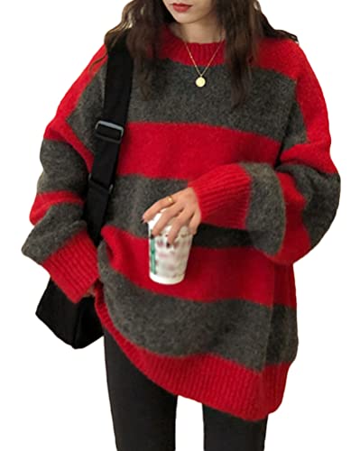 Minetom Damen Mädchen Strickpullover Farbblock Pullover Oversize Sweatshirt Streifen Vintage Strickpulli Langarmshirt Streifen Oberteil Tunika Tops F Rot L von Minetom