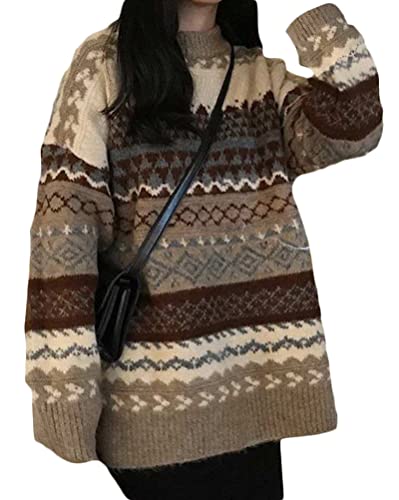 Minetom Damen Mädchen Strickpullover Farbblock Pullover Oversize Sweatshirt Vintage Strickpulli Langarmshirt Streifen Oberteil Tunika Tops G Khaki L von Minetom