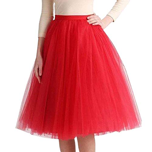 Minetom Damen Mädchen Tüllrock Hochwertiger Gefalteter Gaze-Knie-Längenrock Erwachsener Tutu-Tanzenrock Unterrock Party Abend Formelle Rock Rot M (66-110cm) von Minetom