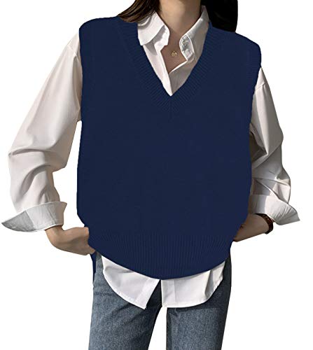 Minetom Damen Mädchen Weste Strick Ärmellos Pullover V-Ausschnitt Strickweste Vest Lose Dünn Shirt Oberteile Tops B Blau 40 von Minetom