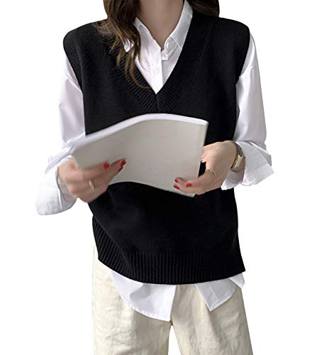 Minetom Damen Mädchen Weste Strick Ärmellos Pullover V-Ausschnitt Strickweste Vest Lose Dünn Shirt Oberteile Tops B Schwarz 36 von Minetom