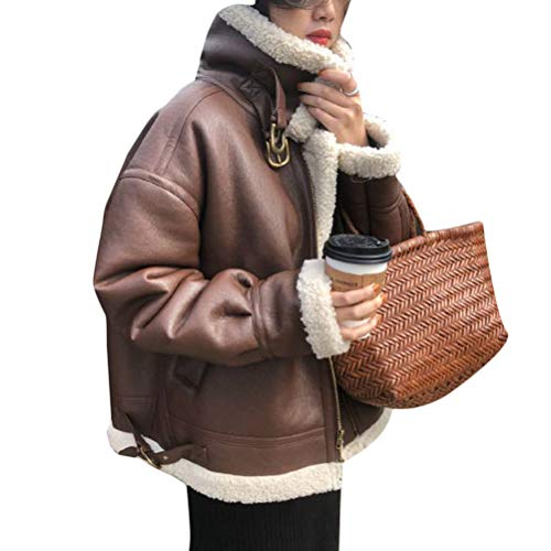 Minetom Damen Mäntel Warm Streetwear Winterjacke Hahnentritt Motorradjacke Kunstleder Fleece Outwear Jacke Parka Mit Taschen C Braun M von Minetom