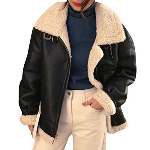 Minetom Damen Mäntel Warm Streetwear Winterjacke Hahnentritt Motorradjacke Kunstleder Fleece Outwear Jacke Parka Mit Taschen C Schwarz S von Minetom