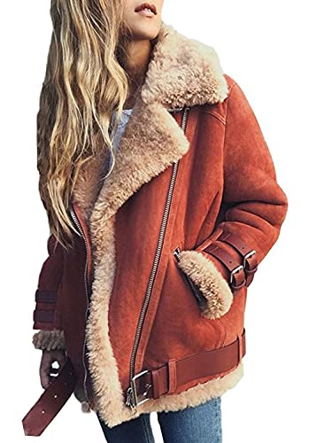 Minetom Damen Mäntel Warm Streetwear Winterjacke Wildleder Wolle Motorradjacke Fleece Outwear Jacke Parka Mit Taschen A Hellrot 44 von Minetom