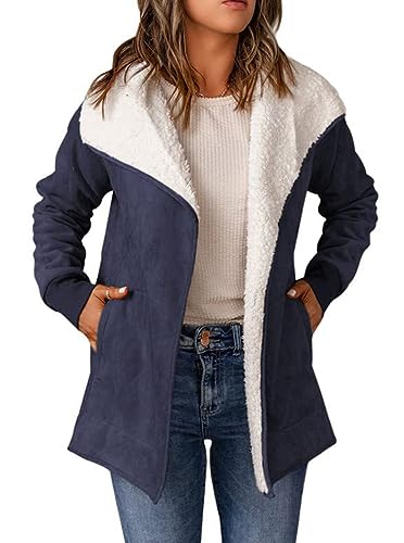 Minetom Damen Mantel Herbst Winter Warm Langarm Fleece Gefüttert Wildlederjacke Elegant Plüsch Warm Winterjacke Wintermantel Jacke mit Taschen A Blau L von Minetom