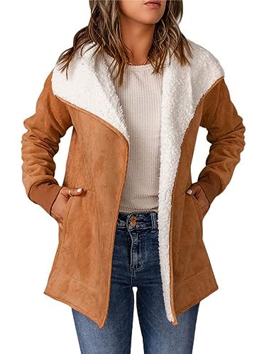 Minetom Damen Mantel Herbst Winter Warm Langarm Fleece Gefüttert Wildlederjacke Elegant Plüsch Warm Winterjacke Wintermantel Jacke mit Taschen A Braun M von Minetom