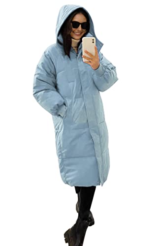 Minetom Damen Mantel Lang Steppmantel Daunenmantel Winterjacke Wintermantel Warm Winddicht Jacke Parka Steppjacke Steppmantel Mit Kapuze Taschen Hellblau XL von Minetom