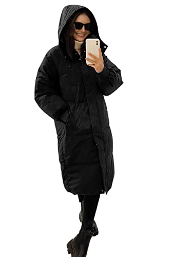 Minetom Damen Mantel Lang Steppmantel Daunenmantel Winterjacke Wintermantel Warm Winddicht Jacke Parka Steppjacke Steppmantel Mit Kapuze Taschen Schwarz XL von Minetom