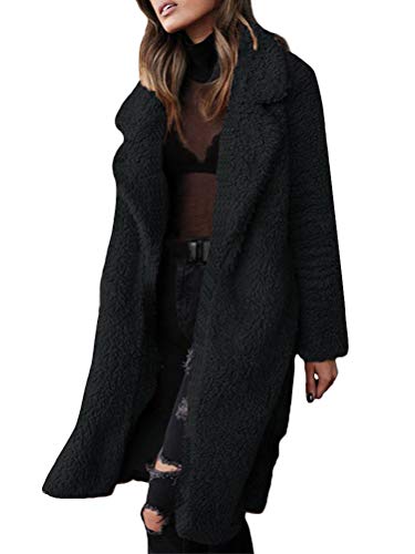 Minetom Damen Mantel Plüschjacke Winterjacke Steppjacke Elegant Vorne Öffnen Plüsch Warmen Oversize Boyfriend Outwear Cardigan Lange Jacke Langarm Einfarbig Parka (42, Schwarz) von Minetom