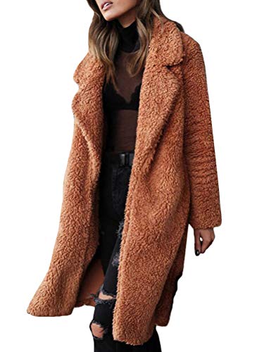 Minetom Damen Mantel Plüschjacke Winterjacke Steppjacke Elegant Vorne Öffnen Plüsch Warmen Oversize Boyfriend Outwear Cardigan Lange Jacke Langarm Einfarbig Parka Braun DE 40 von Minetom