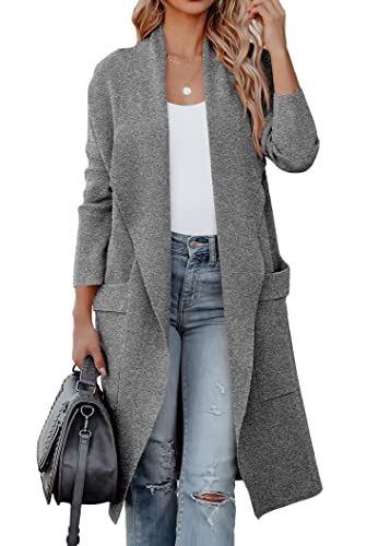 Minetom Damen Mantel Revers Mantel Lang Trenchcoat Cardigan Wasserfall Übergangsjacke Front Offen Herbst Winter Jacke Outwear mit Taschen A Grau L von Minetom