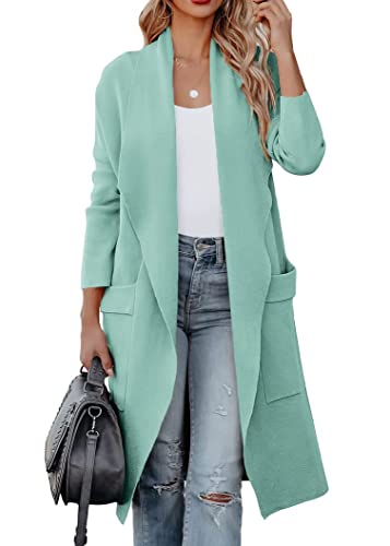 Minetom Damen Mantel Revers Mantel Lang Trenchcoat Cardigan Wasserfall Übergangsjacke Front Offen Herbst Winter Jacke Outwear mit Taschen A Grün XXL von Minetom