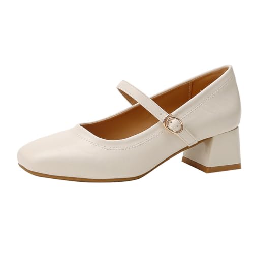 Minetom Damen Mary Jane Elegant Blockabsatz Schnalle Abendschuhe Tanzschuhe Arbeitsschuhe Hochzeitsschuhe Bequem Party Pumps Schuhe B Beige 38 EU von Minetom