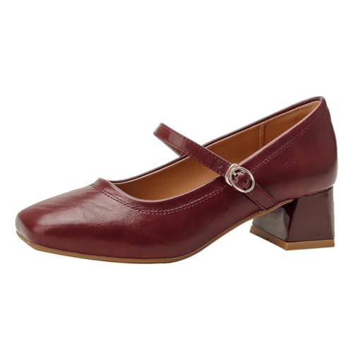Minetom Damen Mary Jane Elegant Blockabsatz Schnalle Abendschuhe Tanzschuhe Arbeitsschuhe Hochzeitsschuhe Bequem Party Pumps Schuhe B Rot 36 EU von Minetom