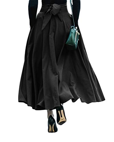 Minetom Damen Maxirock Retro Vintage Rockabilly Rock Damen Festliche Röcke Lang Rock Mit Ausgestellt Bowknot Hochzeit Maxiröcke Mit Taschen Schwarz L von Minetom