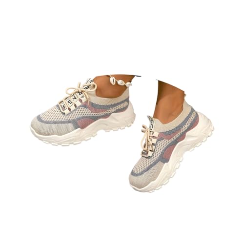 Minetom Damen Mesh Sneaker Sportschuhe Turnschuhe Laufschuhe Tennisschuhe Leicht Fitnessschuhe Plateau Schnürer Walkingschuhe C Khaki Rosa 41 EU von Minetom