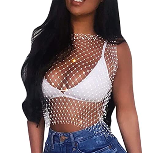 Minetom Damen Mesh Unterwäsche Tank Top Oberteil Frauen Aushöhlen Elastisch Glänzend Strass Crop Tops Bikini Cover Up BH-Hemden Clubwear A Weiß Einheitsgröße von Minetom