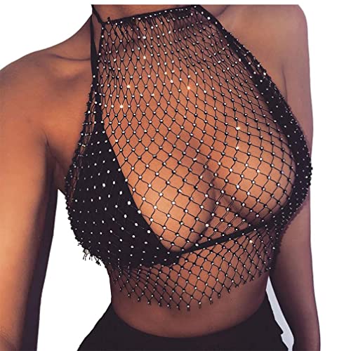 Minetom Damen Mesh Unterwäsche Tank Top Oberteil Frauen Aushöhlen Elastisch Glänzend Strass Crop Tops Bikini Cover Up BH-Hemden Clubwear B Schwarz Einheitsgröße von Minetom