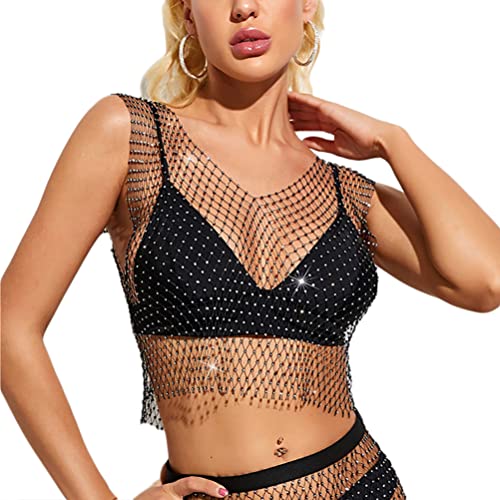 Minetom Damen Mesh Unterwäsche Tank Top Oberteil Frauen Aushöhlen Elastisch Glänzend Strass Crop Tops Bikini Cover Up BH-Hemden Clubwear C Schwarz Einheitsgröße von Minetom