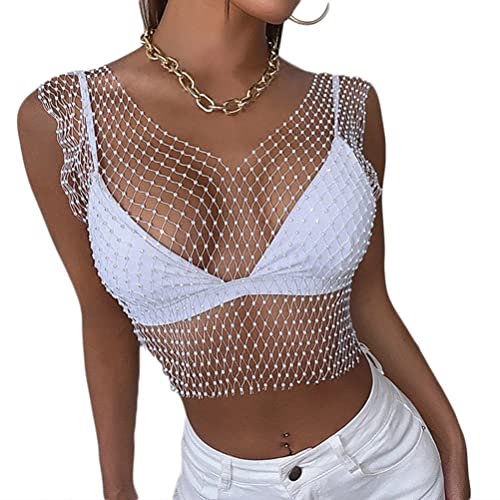 Minetom Damen Mesh Unterwäsche Tank Top Oberteil Frauen Aushöhlen Elastisch Glänzend Strass Crop Tops Bikini Cover Up BH-Hemden Clubwear C Weiß Einheitsgröße von Minetom