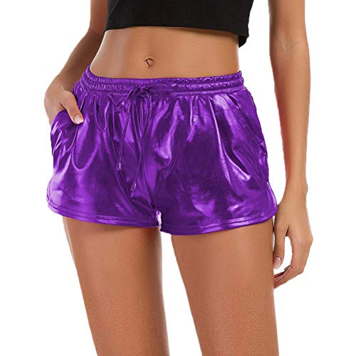 Minetom Damen Metallic Shiny Shorts Wet Look Tunnelzug Elastische Sport Gym Kurz Hosen Hotpants Mit Taschen Violett M von Minetom