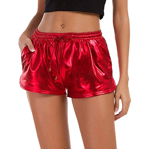 Minetom Damen Metallic Shiny Shorts Wet Look Tunnelzug Elastische Sport Gym Kurz Hosen Hotpants Mit Taschen Yoga Heiße Shorts Glänzend Etallic Rot M von Minetom