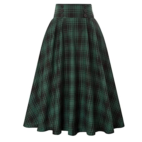 Minetom Damen Midi Faltenrock Kariert Hohe Taille A-Linie Lang Rock Plaid Midi Rock Vintage Swing Rock Rockabilly Skirt A Grün L von Minetom