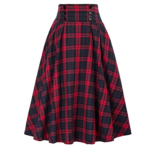 Minetom Damen Midi Faltenrock Kariert Hohe Taille A-Linie Lang Rock Plaid Midi Rock Vintage Swing Rock Rockabilly Skirt A Rot M von Minetom