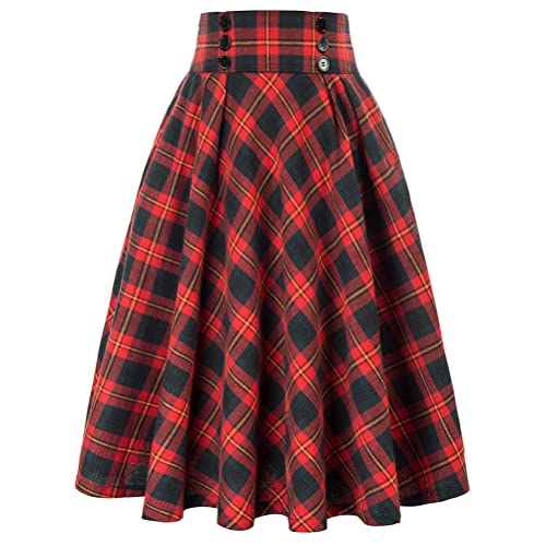 Minetom Damen Midi Faltenrock Kariert Hohe Taille A-Linie Lang Rock Plaid Midi Rock Vintage Swing Rock Rockabilly Skirt B1 Rot S von Minetom