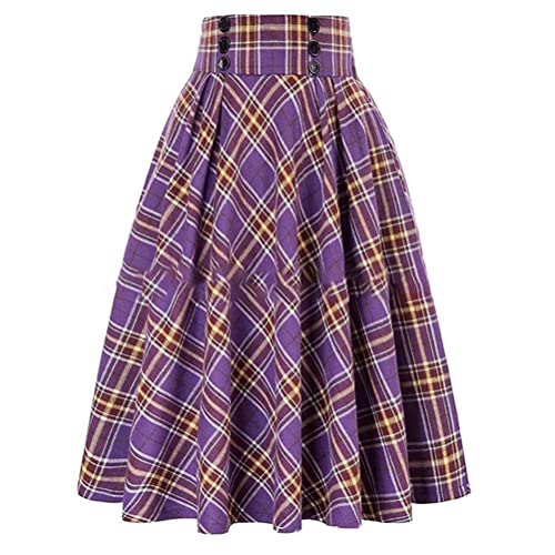 Minetom Damen Midi Faltenrock Kariert Hohe Taille A-Linie Lang Rock Plaid Midi Rock Vintage Swing Rock Rockabilly Skirt B1 Violett L von Minetom