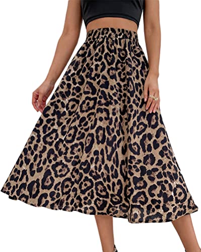 Minetom Damen Midi Plisseerock Leopard Faltenrock Elastisch Herbst Rock Midirock A Linie Hohe Taille Retro Swing Rock B Leopard L von Minetom