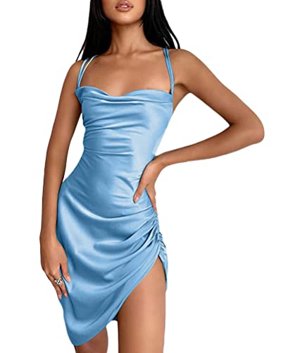 Minetom Damen Minikleid Bodycon Partykleid Drapiert Ziehbändchen Knoten Bleistift Sexy Kleid Spaghettiträger Sommerkleid A Blau S von Minetom