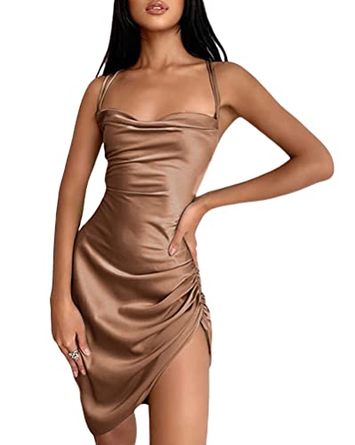 Minetom Damen Minikleider Bodycon Satin Partykleid Samtkleid Elegant Abendkleid A Braun XS von Minetom