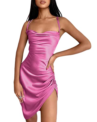 Minetom Damen Minikleider Bodycon Satin Partykleid Samtkleid Elegant Abendkleid A Rosa Rot XS von Minetom