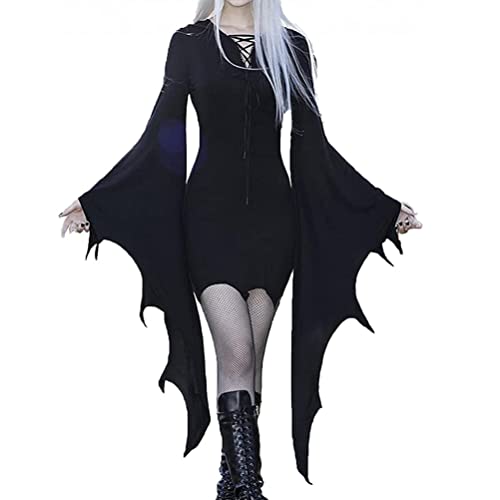 Minetom Damen Mittelalter Kleid mit Gothic Retro Midi Kleid Cosplay Kostüm Kleid Karneval Halloween Party Kleider D Schwarz XS von Minetom