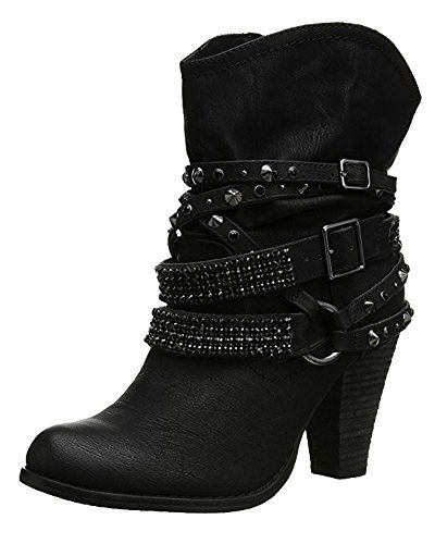 Minetom Damen Mode Elegante Winterschuhe High Heels Mit Warm Gefüttert Plüsch Anti Rutsch Sohle Stiefeletten Stiefel Niet Kurzschaft Boots Schwarz EU 37 von Minetom