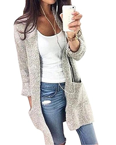 Minetom Damen Mode Langarm Große Taschen Lange Strickjacke Cardigan Beiläufige Lose Knit Mäntel Pullover Kimono Tops Oberbekleidung Grau DE 38 von Minetom