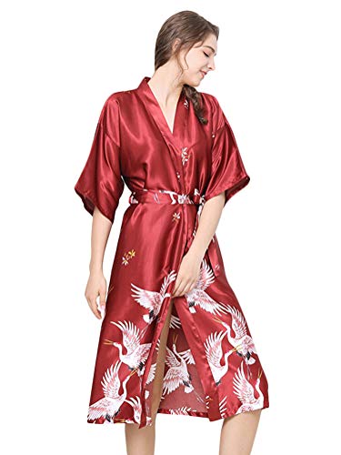 Minetom Damen Morgenmantel Lang Seide Satin Kimono Kleid mit Gürtel Drucken Bademantel Robe Schlafmantel Mädchen Pajama Party Brautjungfer Brautdusche Geschenk A Weinrot DE 38 von Minetom