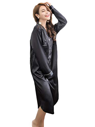 Minetom Damen Nachthemd Pyjama Negligee Nachtkleid Schlafshirt Langarm Satin Schlafanzüge Nachtwäsche Knopf Sleepwear Bluse Kleid A Schwarz 44 von Minetom