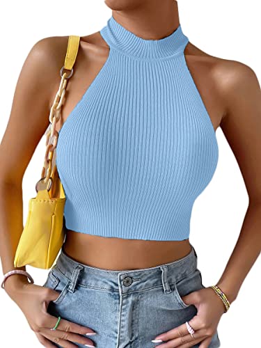 Minetom Damen Neckholder Ärmellose Tank Tops Sexy Basic Slim Fit Shirts Oberteile Strick Bauchfrei Crop Top A Blau Einheitsgröße von Minetom