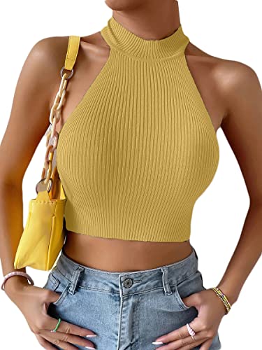 Minetom Damen Neckholder Ärmellose Tank Tops Sexy Basic Slim Fit Shirts Oberteile Strick Bauchfrei Crop Top A Gelb Einheitsgröße von Minetom